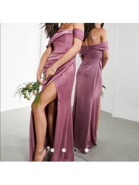 ASOS EDITION Satin Bardot Drape Wrap Maxi Dress in Orchid